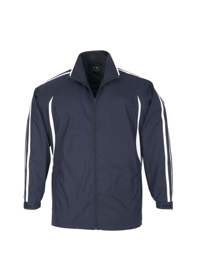 A navy jacket featuring white stripes on the sleeves and a zip-up front. It has a logo on the chest.