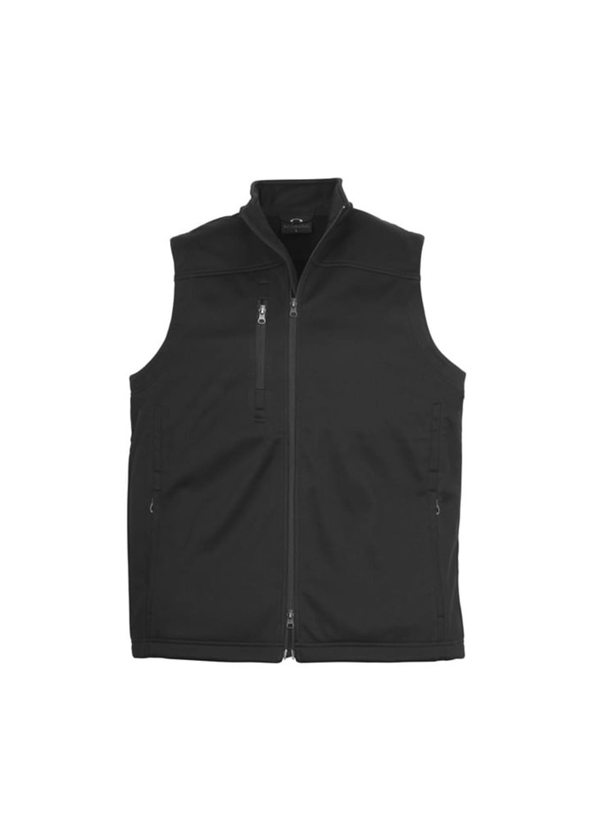 A black softshell vest featuring a zip front and two side pockets, with a logo on the chest.