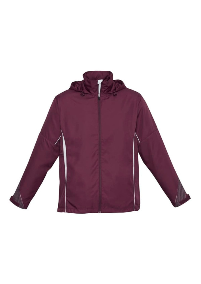A unisex jacket in dark burgundy with a hood and white accents, featuring a logo.
