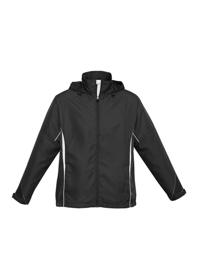 A black unisex jacket with a hood, featuring white accent details and a front zip. It has a logo.