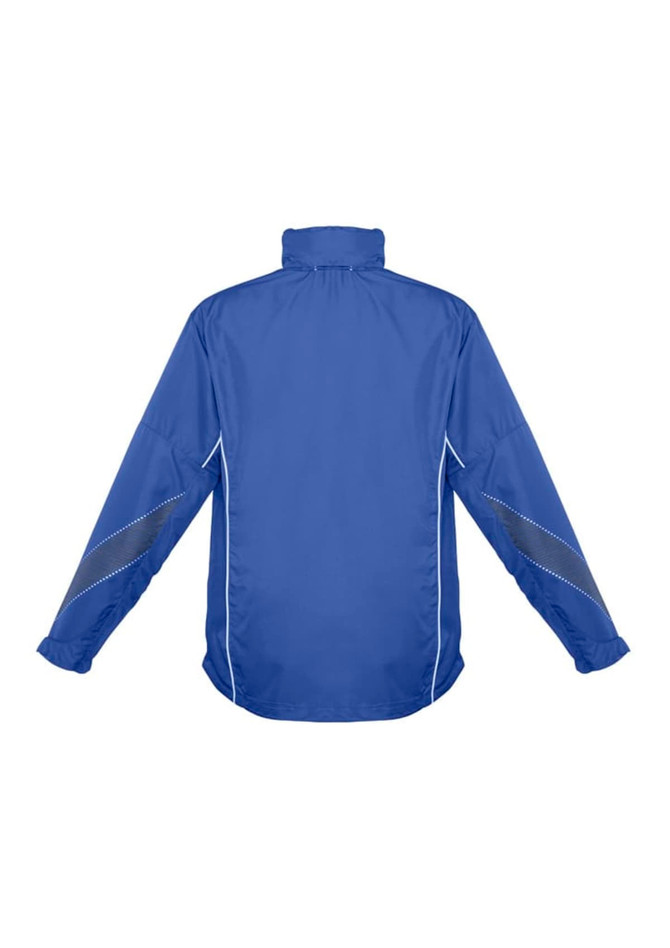 A blue unisex jacket with a high collar and reflective details on the sleeves. It features a logo.