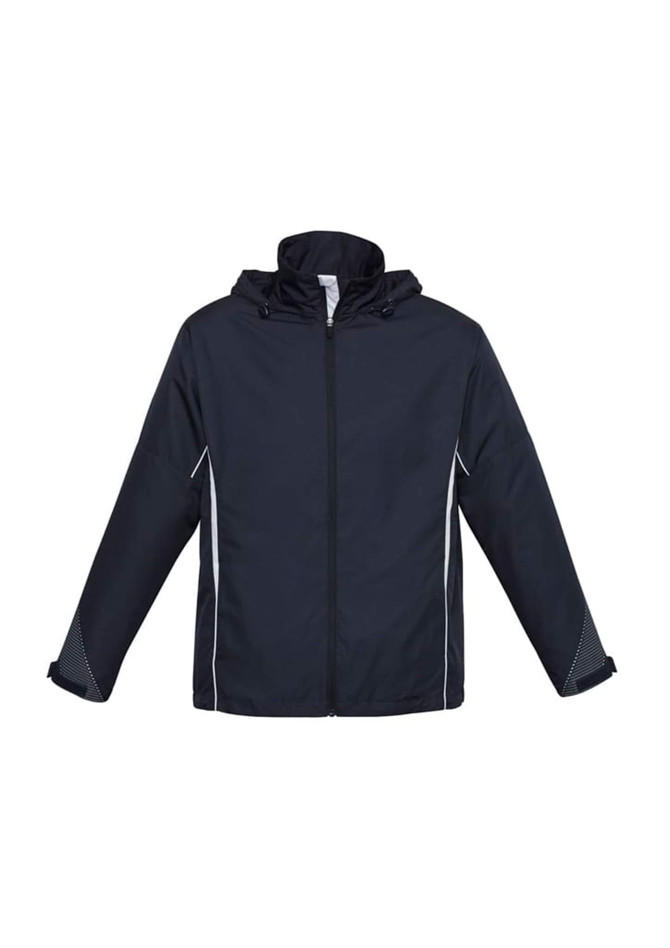 A unisex black jacket featuring a hood, zip closure, and white piping on the sides. It has a branding logo.