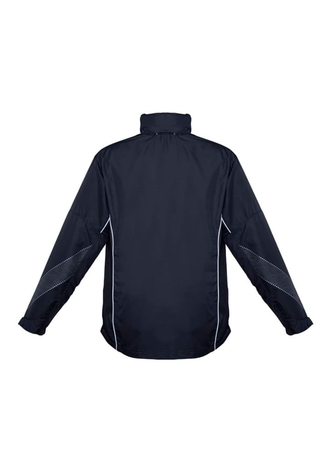 A unisex jacket in black with white accents, featuring long sleeves and a high collar. It has a logo on it.