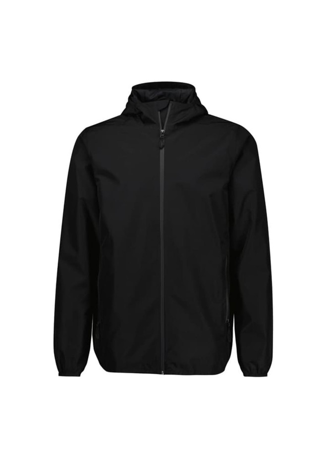 A black men's rain jacket with a hood, featuring a front zipper and side pockets. It has a logo on it.