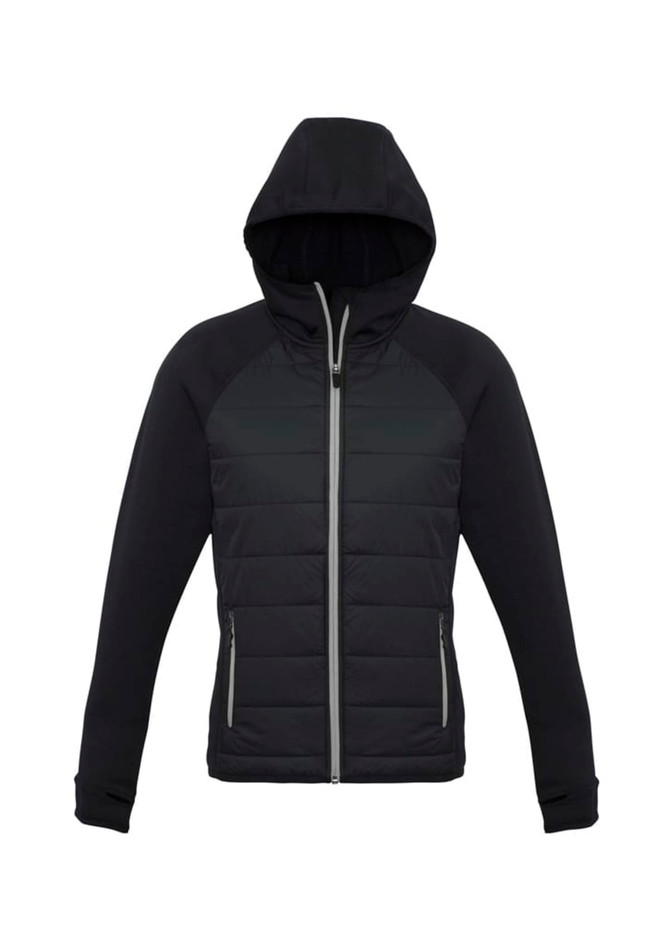 A black puffer jacket with a hood and zippered front, featuring a logo on one side.