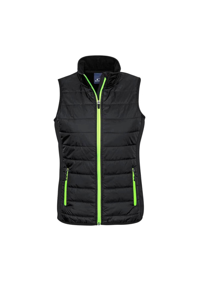 A women's black vest featuring a zip front and green accents, with two side pockets and a high collar.