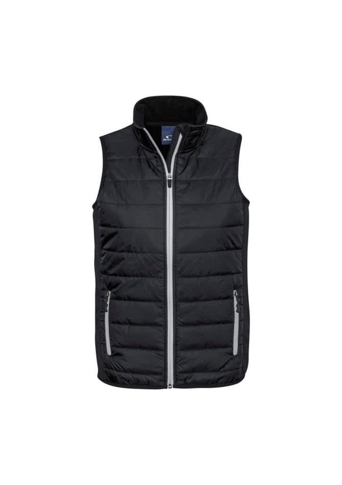 A black puffer vest with a high collar, featuring side zip pockets and a logo on the chest.
