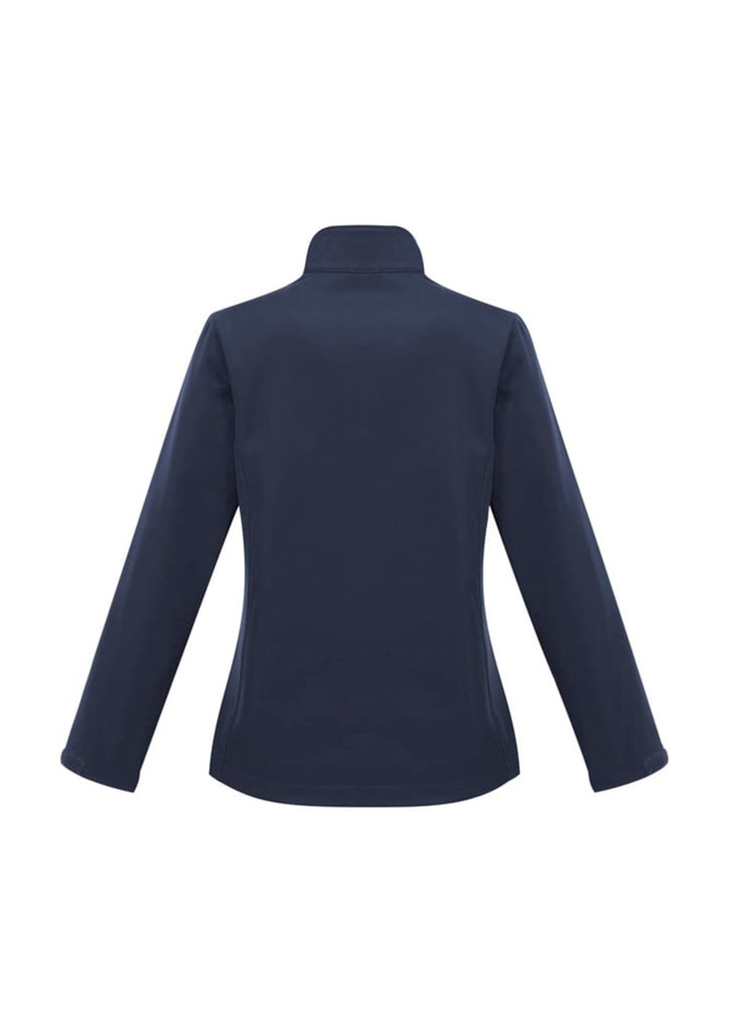 A women's soft shell jacket in navy blue, featuring a high collar and long sleeves. Branding is present.