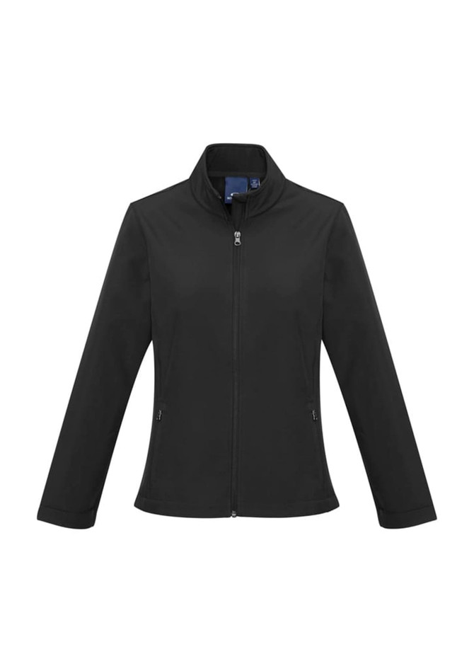A black soft shell jacket featuring a high collar and zip front, with two side pockets and a branding logo.