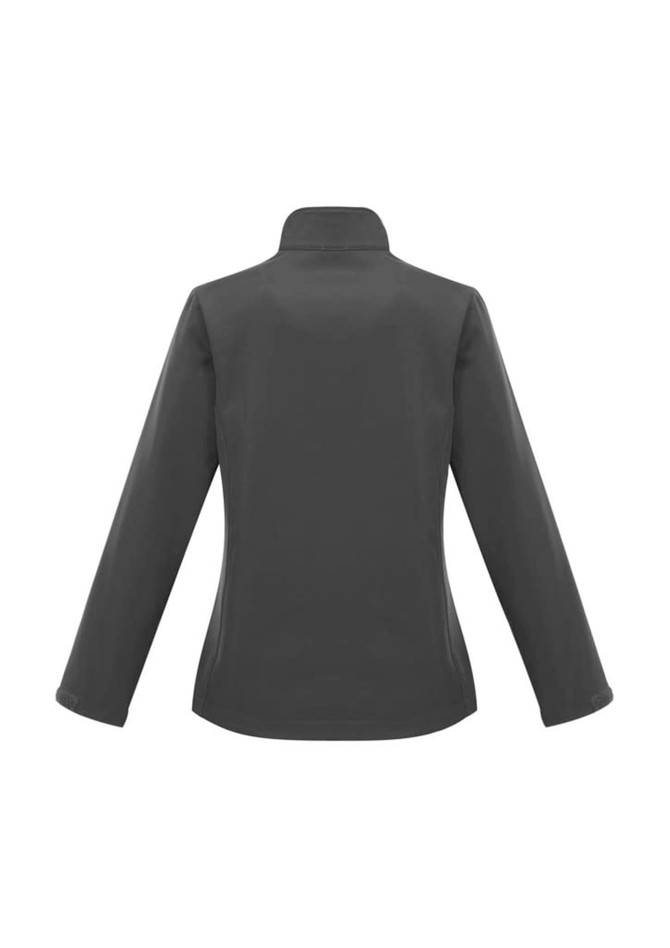 A soft shell jacket in dark grey, featuring a simple design and a collar. Includes a logo on the back.