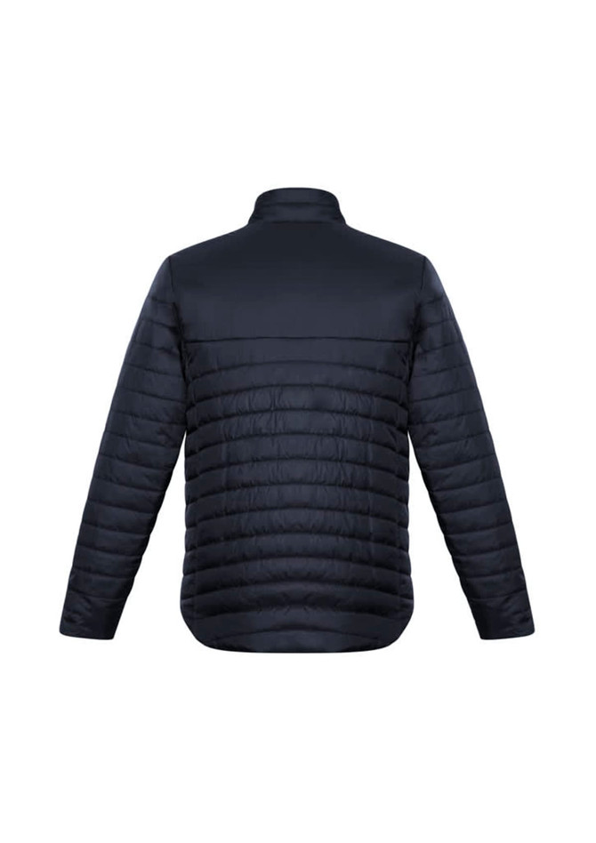 A mens puffer jacket in black, featuring a quilted texture and a high collar, with a logo on the back.