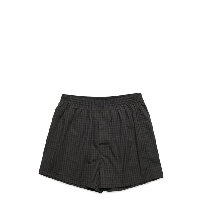 Boxer shorts featuring a grey checkered pattern and an elastic waistband, presented with a logo.