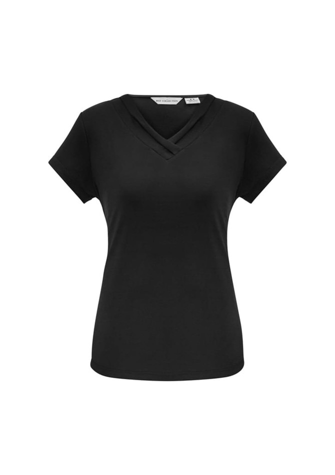 A black short sleeve women's top featuring a stylish V-neck design and a logo on the label.