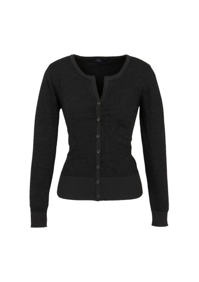 A women's black Merino cardigan featuring a button-up front and long sleeves, with a fitted design.