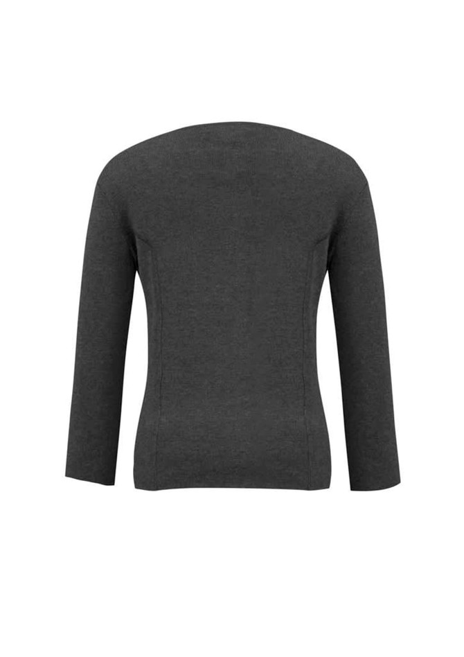 A women's 2-way zip cardigan in dark grey, featuring a fitted design and long sleeves. It has a logo on the back.