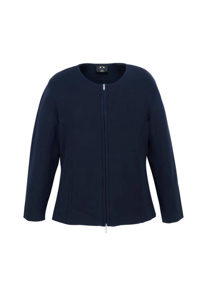 A navy women's 2-way zip cardigan featuring a round neckline and long sleeves, with a branding logo.
