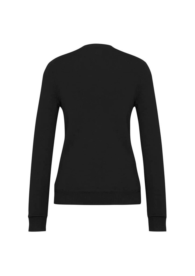 A black Women's V-Neck Knit Pullover featuring long sleeves and a fitted design, with a visible logo on the back.