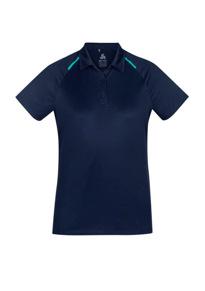 A navy short sleeve polo shirt with contrast green detailing and a logo on the chest.