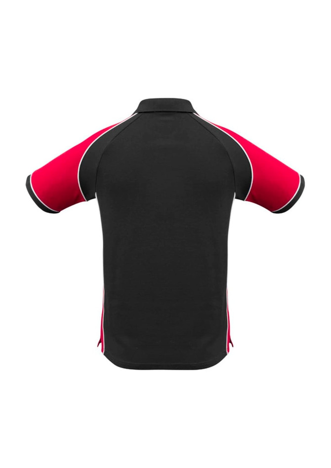 A black and red men's short sleeve polo shirt featuring contrasting piping and a logo.
