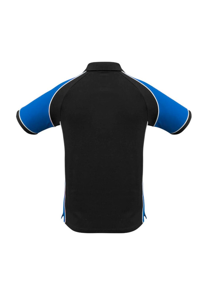 Men's polo shirt in black with blue accents and a contrasting collar. Features a logo on the front.