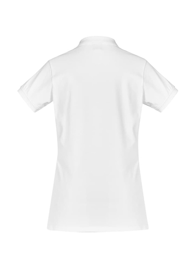 A women's short sleeve polo shirt in white, featuring a classic polo collar and a back view.