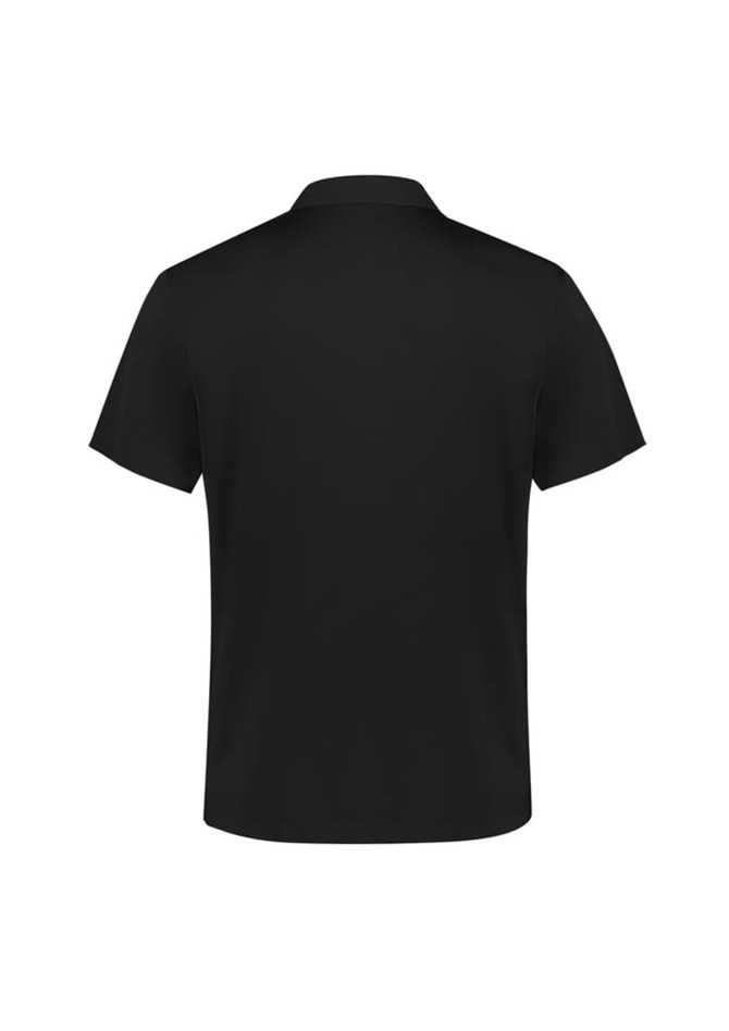 A black short sleeve polo shirt with a classic collar and a logo on the chest.