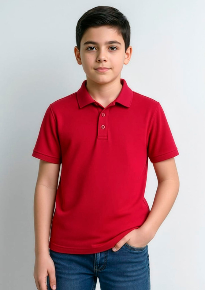 A red short sleeve polo shirt for kids, featuring a collar and button placket, displayed on a young model.