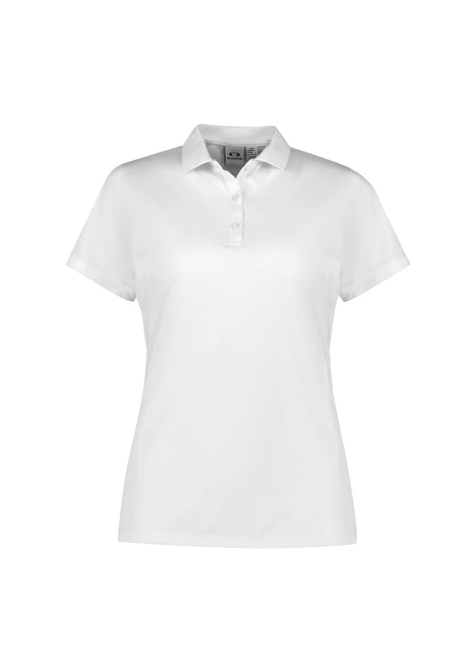 A women's short sleeve polo shirt in white, featuring a classic collar and button placket. Includes a branding logo.