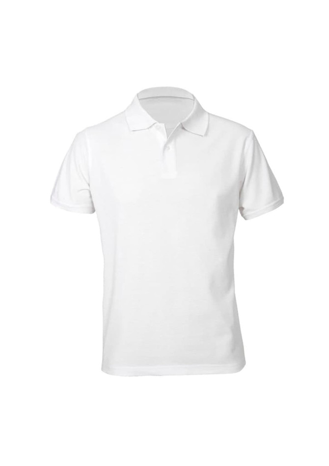 A white men's short sleeve polo shirt with a collar and a branding logo.
