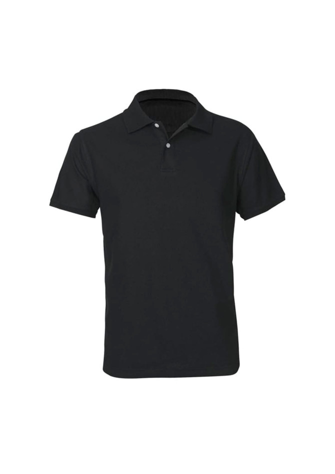 A black short sleeve polo shirt with a collar and buttons, featuring a contrasting inner collar.