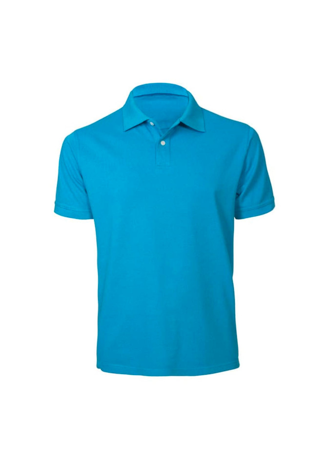 A bright blue men's short sleeve polo shirt with a classic collar and a logo on the chest.
