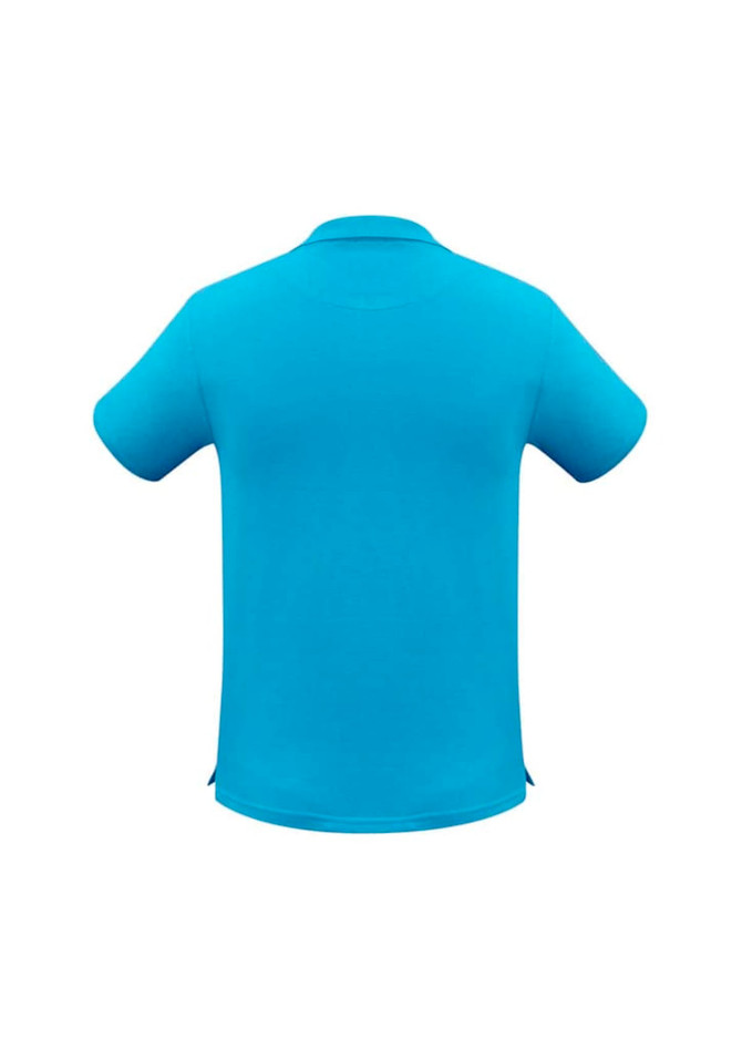 A short sleeve polo shirt in bright blue with a back view and a logo on the side.