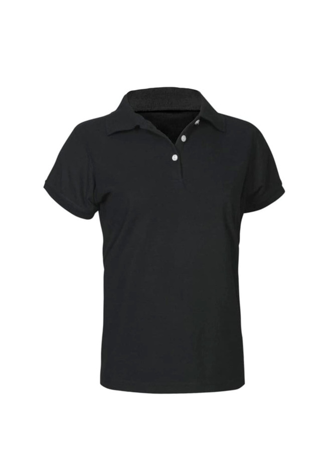 A women's short sleeve polo shirt in a solid dark green colour, featuring a collar and a branded logo.