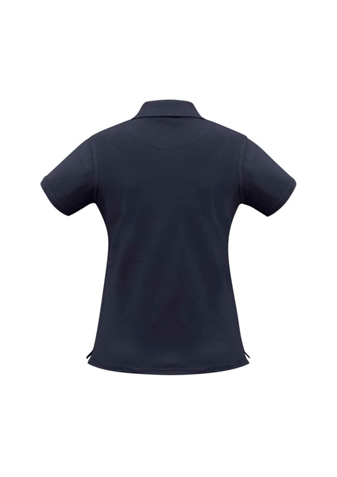 A women's short sleeve polo shirt in navy blue with a classic collar and a logo.
