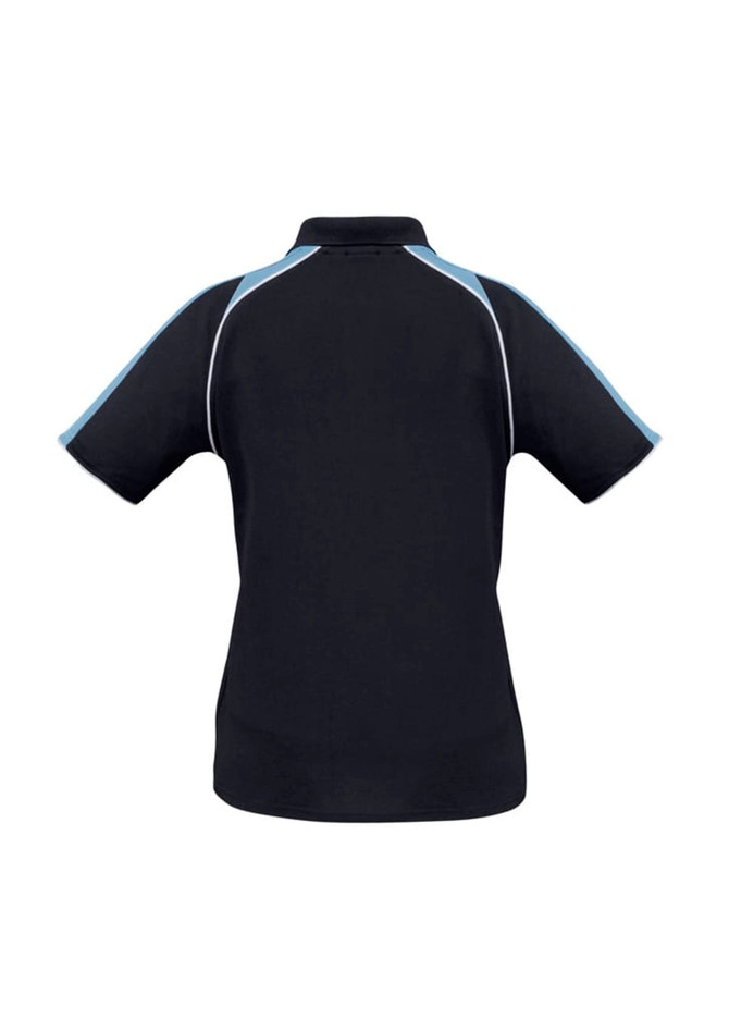 A black women's short sleeve polo shirt with light blue accents and a logo. The back view highlights the design and fit.
