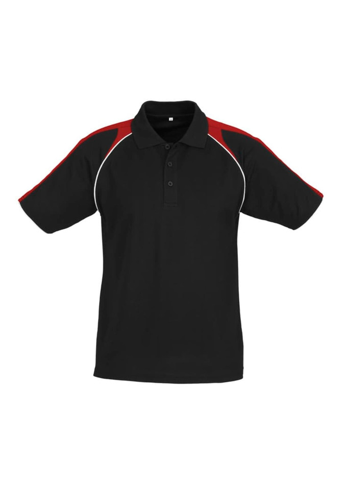 A black polo shirt with red shoulder accents and white detailing, featuring a collar and short sleeves.