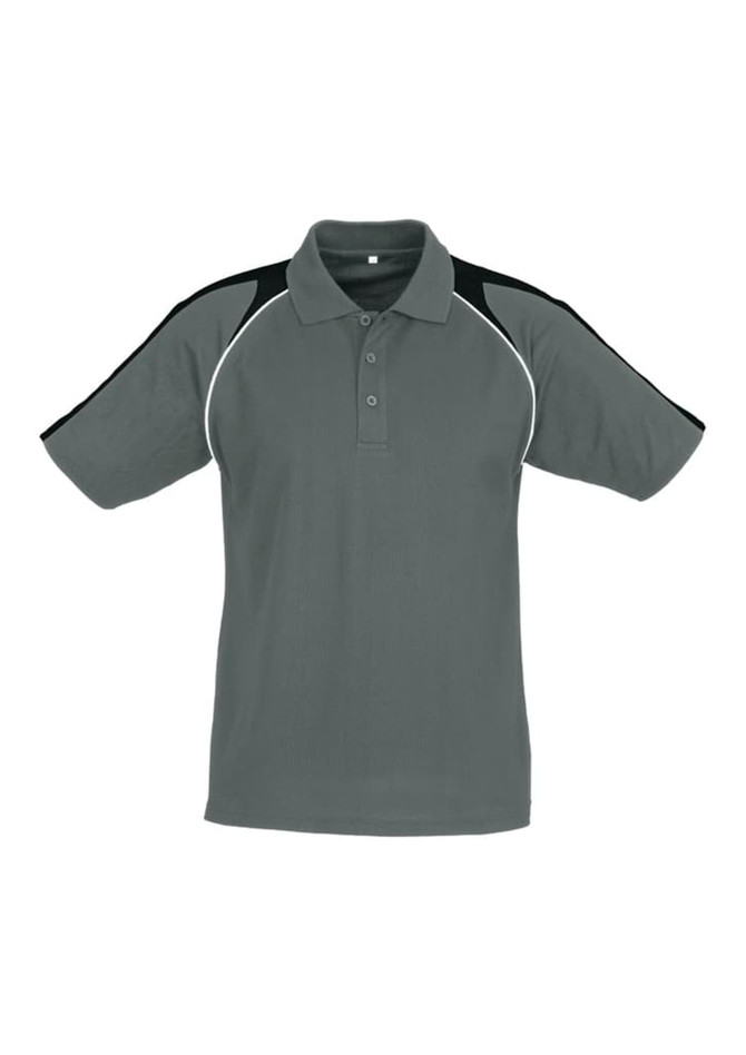 A grey men's polo shirt with black accents on the shoulders and a three-button placket. It features a logo on the chest.
