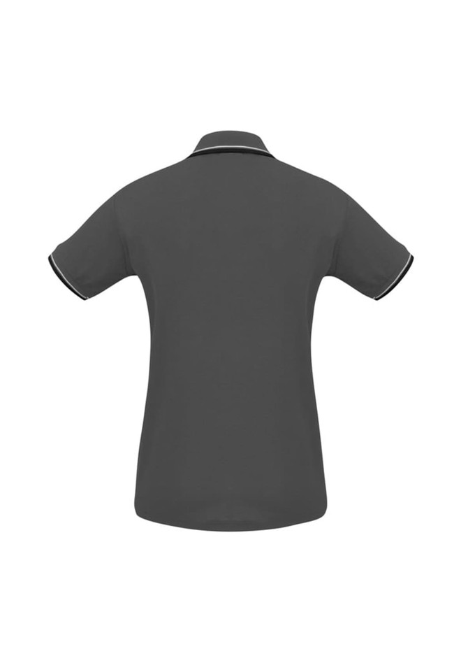 A dark grey women's polo shirt with short sleeves and contrasting trim, featuring a logo.