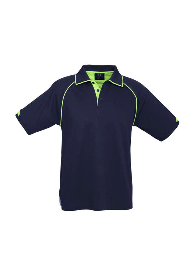 A navy men's polo shirt featuring lime green piping and a logo. Short sleeves and a classic collar design.