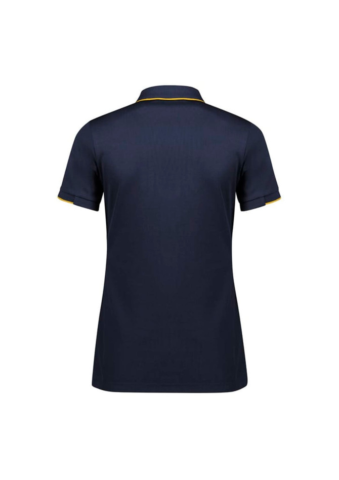 A navy women's short sleeve polo shirt featuring a contrasting neckline and logo.