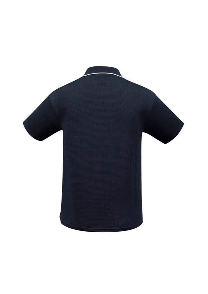 A navy short sleeve polo shirt with a collar and a logo on the back. The fabric has a textured design.