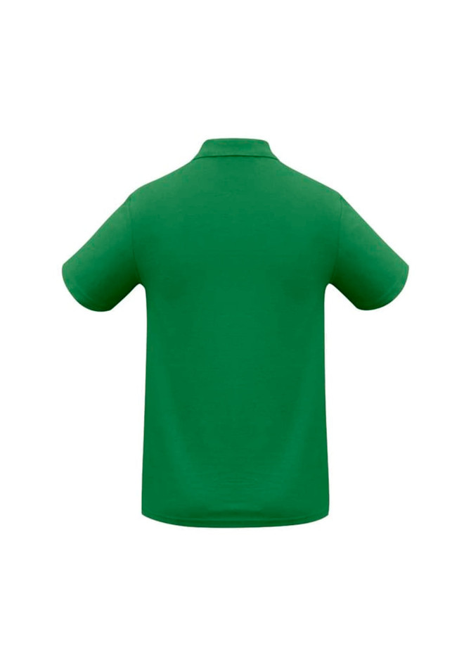 A green men's polo shirt with a collar and short sleeves, featuring a logo on the back.