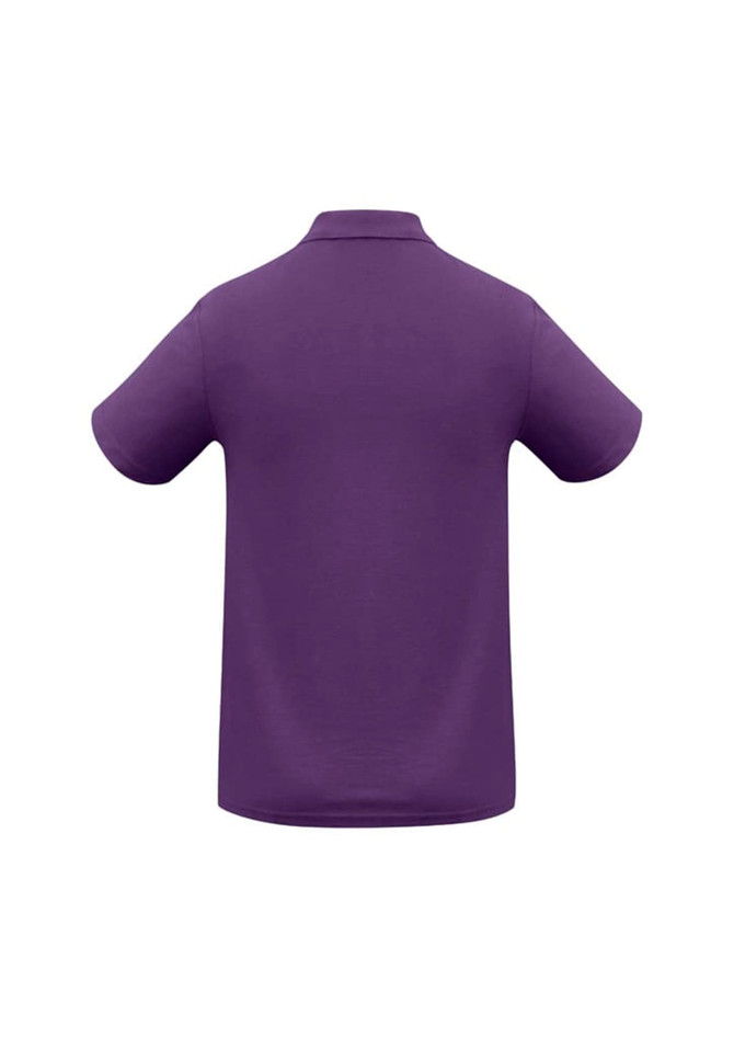 A purple crew men's polo shirt with short sleeves and a collar, featuring a logo.