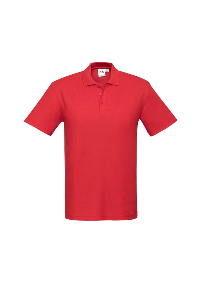 A red short sleeve polo shirt featuring a collar and a logo on the chest.