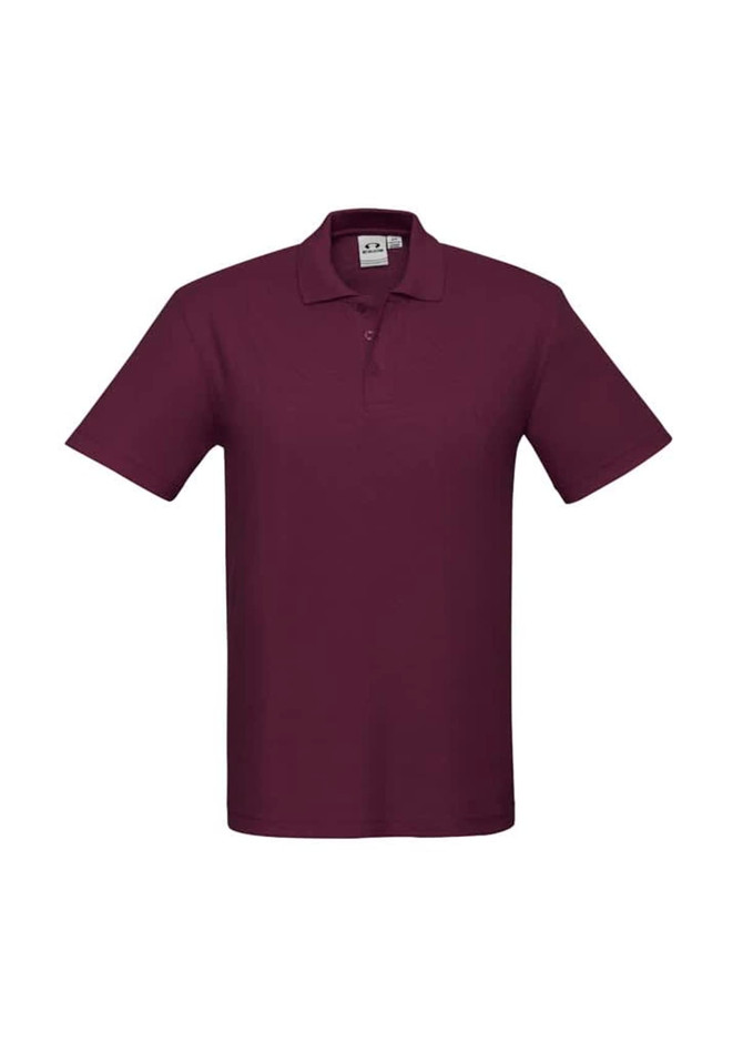 A burgundy polo shirt with a collar and a logo. Short-sleeved and made of lightweight fabric.