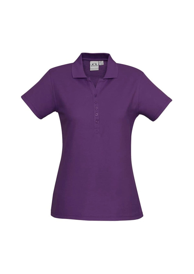 A purple ladies' polo shirt featuring a collar and buttoned placket, with a logo on the chest.