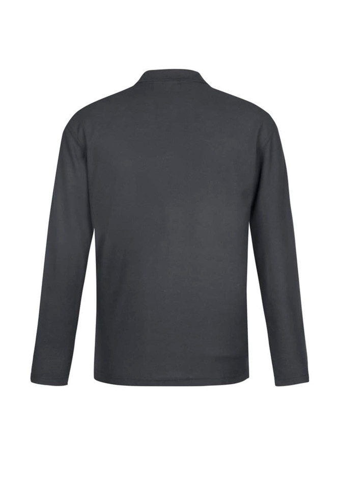 A black long sleeve polo shirt featuring a simple design and a branding logo on the back.