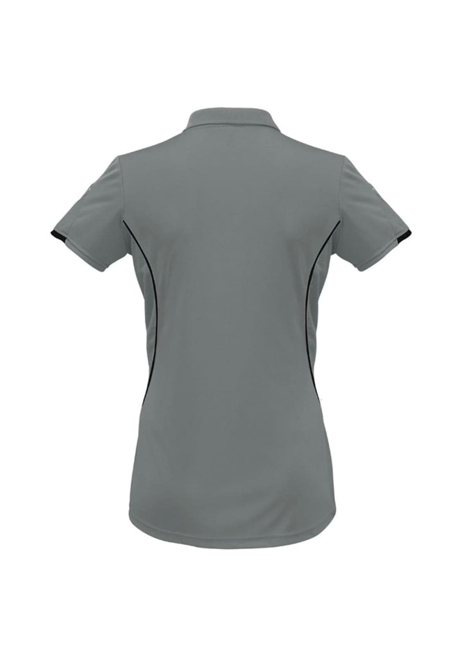 A women's short sleeve polo shirt in grey with black accents and a branded logo.