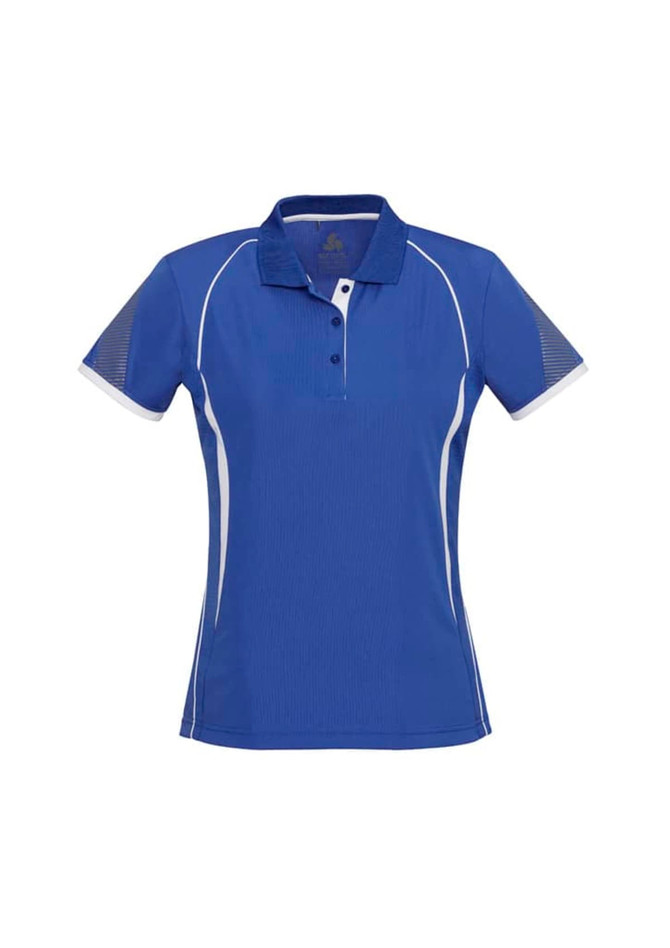 A women's short sleeve polo shirt in blue with white accents and a logo on the chest area.