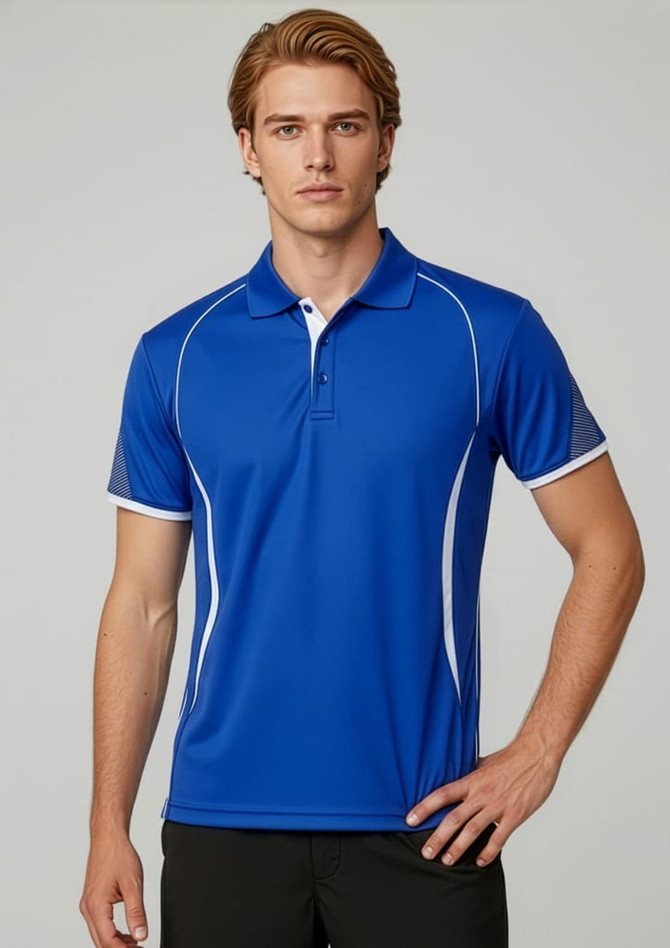 A blue short sleeve polo shirt with contrasting white accents and a collar, featuring a logo.